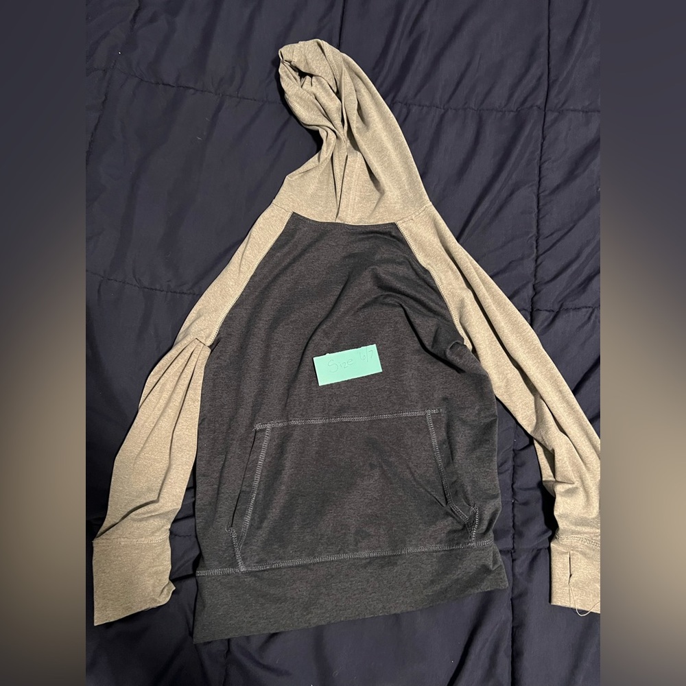 Navy blue and grey long sleeve shirt with hoodie